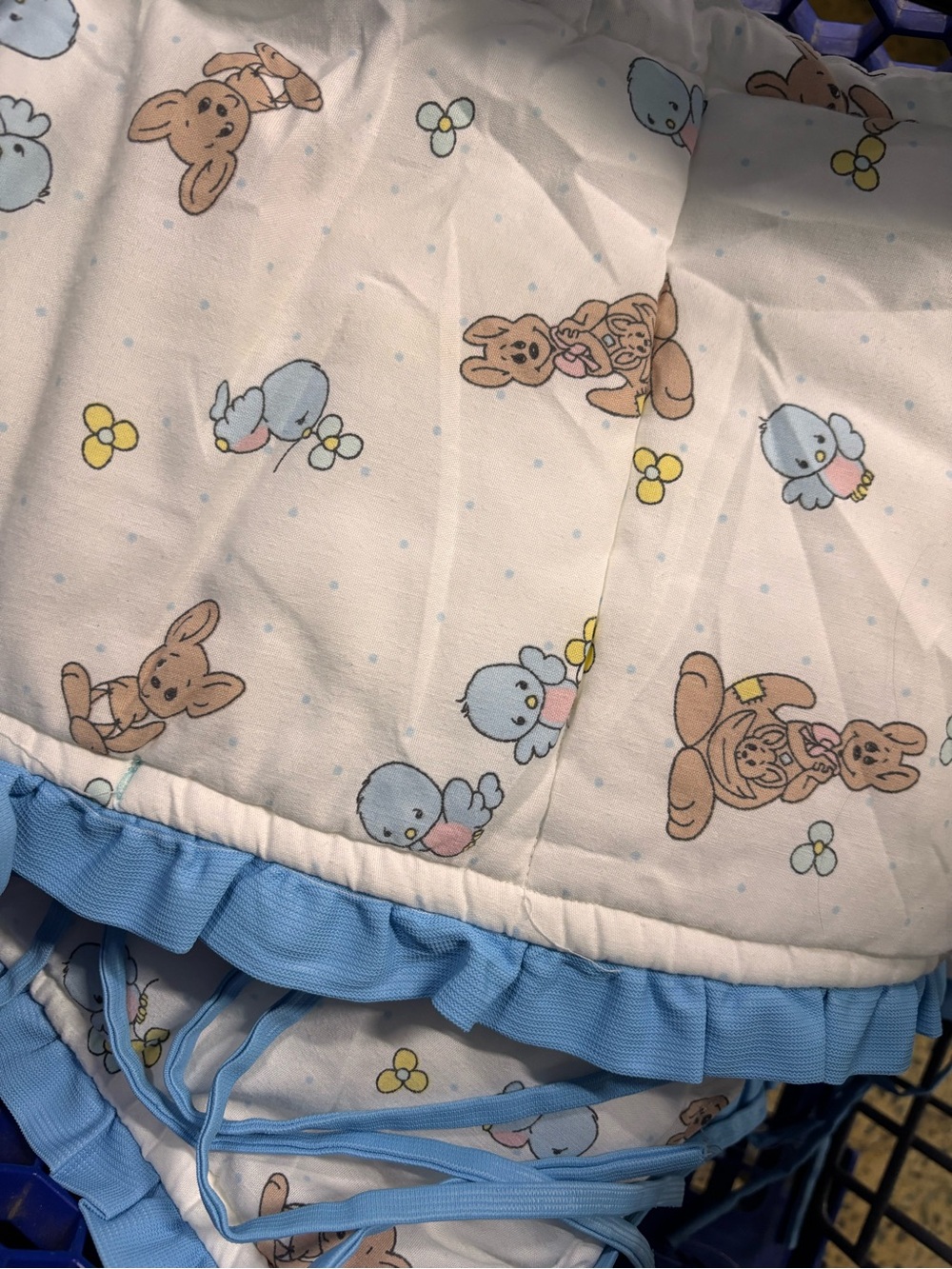 Precious Moments White Bib with Blue Ruffle Bunny and Bird Print
